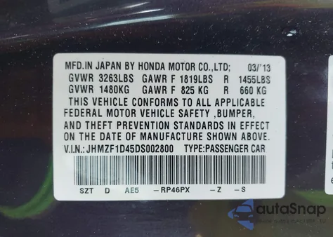 2013 Honda Cr-Z from USA, damaged, VIN JHMZF1D45DS002800